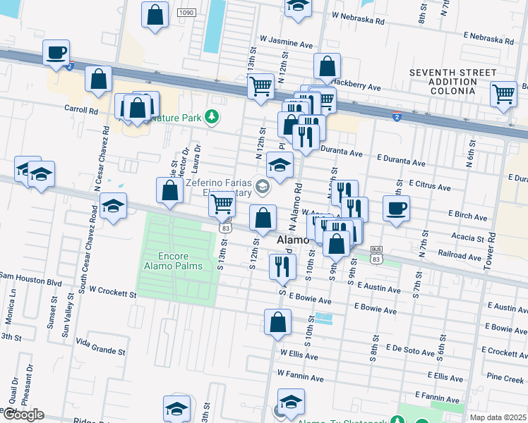 map of restaurants, bars, coffee shops, grocery stores, and more near 1213 East Acacia Avenue in Alamo