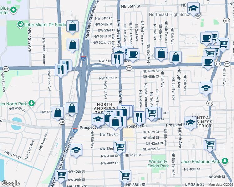 map of restaurants, bars, coffee shops, grocery stores, and more near 140 Northwest 47th Court in Fort Lauderdale