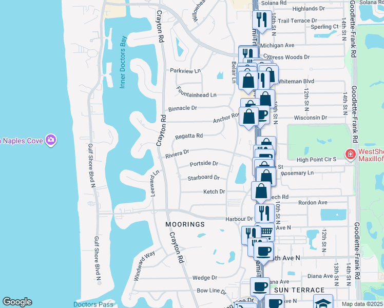 map of restaurants, bars, coffee shops, grocery stores, and more near 554 Riviera Drive in Naples