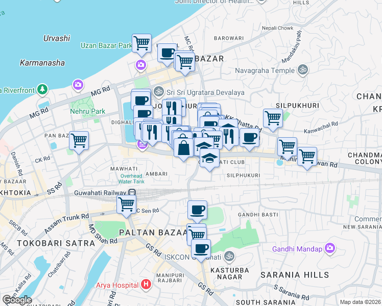 map of restaurants, bars, coffee shops, grocery stores, and more near Gopinath Bordoloi Road in Guwahati