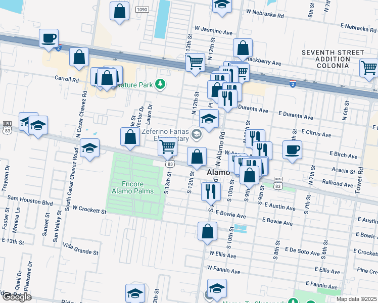 map of restaurants, bars, coffee shops, grocery stores, and more near 1213 East Acacia Avenue in Alamo