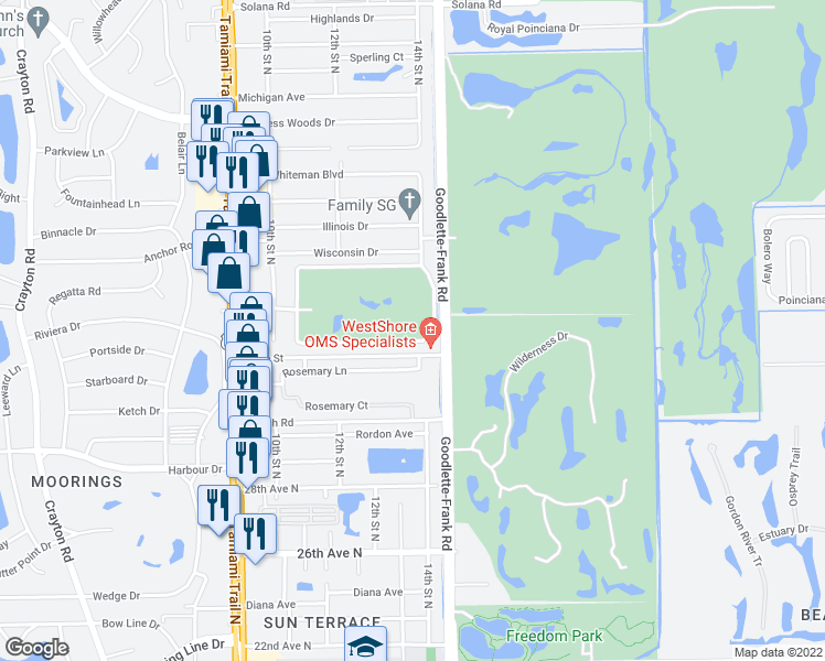 map of restaurants, bars, coffee shops, grocery stores, and more near 41 High Point Circle South in Naples