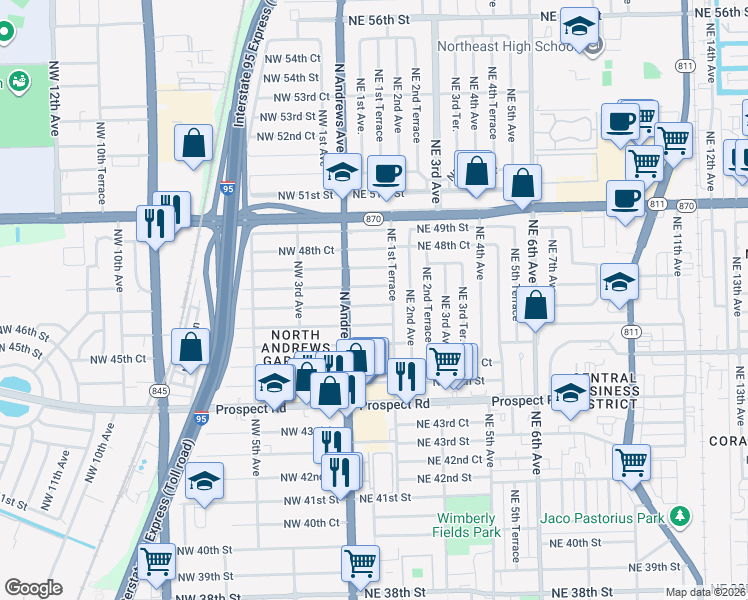 map of restaurants, bars, coffee shops, grocery stores, and more near 30 Northeast 47th Court in Fort Lauderdale