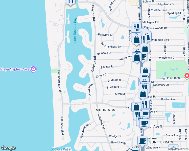 map of restaurants, bars, coffee shops, grocery stores, and more near 3219 Crayton Road in Naples