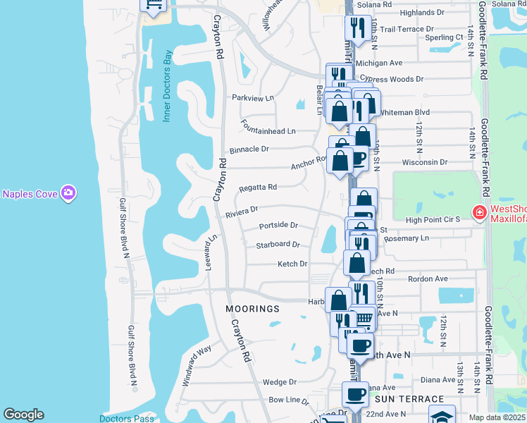 map of restaurants, bars, coffee shops, grocery stores, and more near 554 Riviera Drive in Naples