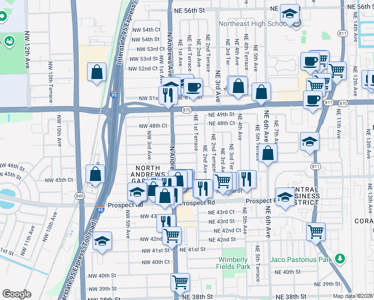 map of restaurants, bars, coffee shops, grocery stores, and more near 30 Northeast 47th Court in Fort Lauderdale