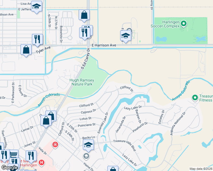 map of restaurants, bars, coffee shops, grocery stores, and more near 3013 Daniel Circle in Harlingen
