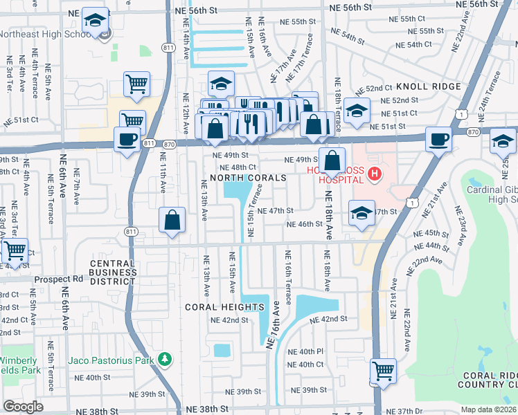 map of restaurants, bars, coffee shops, grocery stores, and more near 4750 Northeast 15th Terrace in Oakland Park
