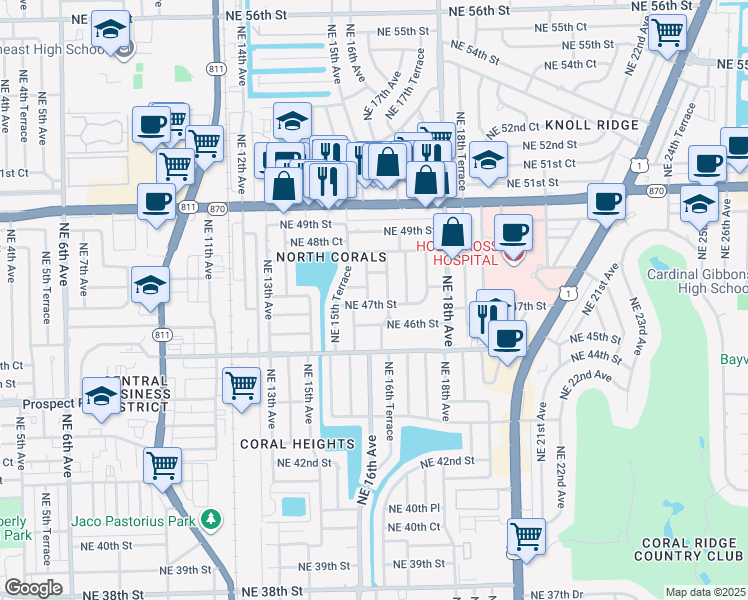 map of restaurants, bars, coffee shops, grocery stores, and more near 4734 Northeast 15th Way in Oakland Park