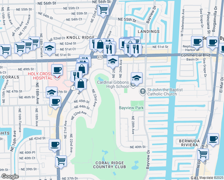 map of restaurants, bars, coffee shops, grocery stores, and more near 4621 Northeast 25th Avenue in Fort Lauderdale