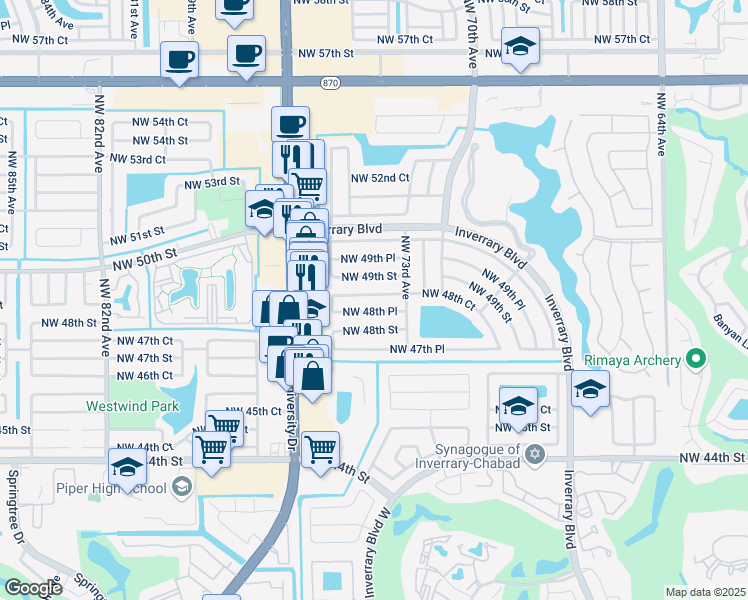 map of restaurants, bars, coffee shops, grocery stores, and more near 7408 Northwest 48th Court in Lauderhill