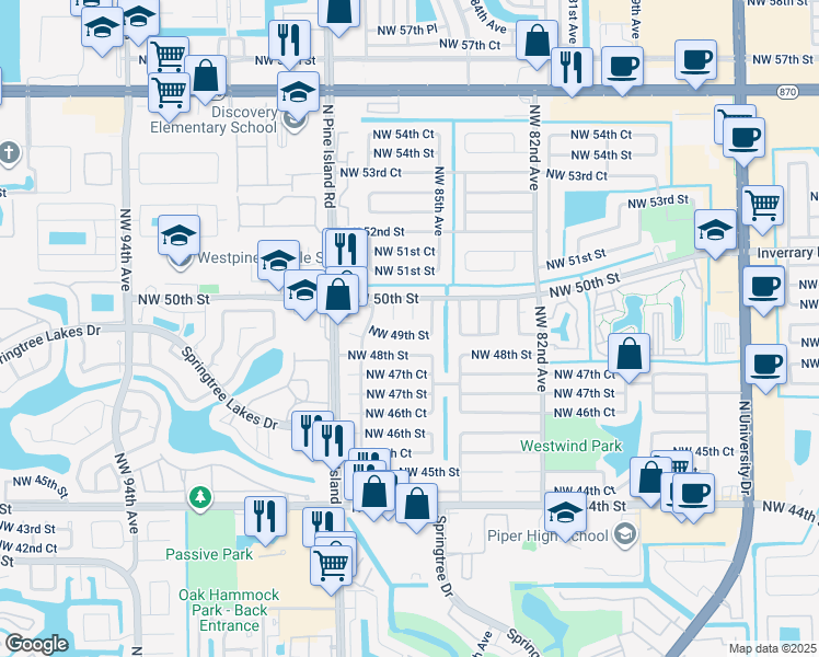 map of restaurants, bars, coffee shops, grocery stores, and more near 8541 Northwest 49th Street in Lauderhill