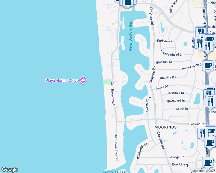 map of restaurants, bars, coffee shops, grocery stores, and more near 3377 Gulf Shore Boulevard North in Naples