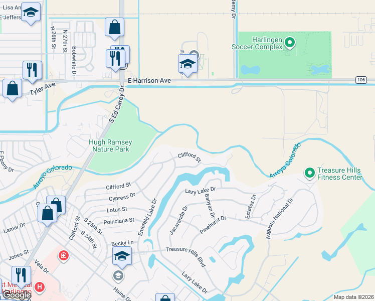 map of restaurants, bars, coffee shops, grocery stores, and more near 3117 Clifford Street in Harlingen