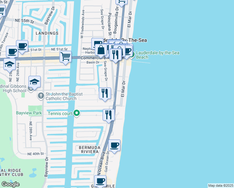 map of restaurants, bars, coffee shops, grocery stores, and more near 4136 North Ocean Drive in Lauderdale-by-the-Sea