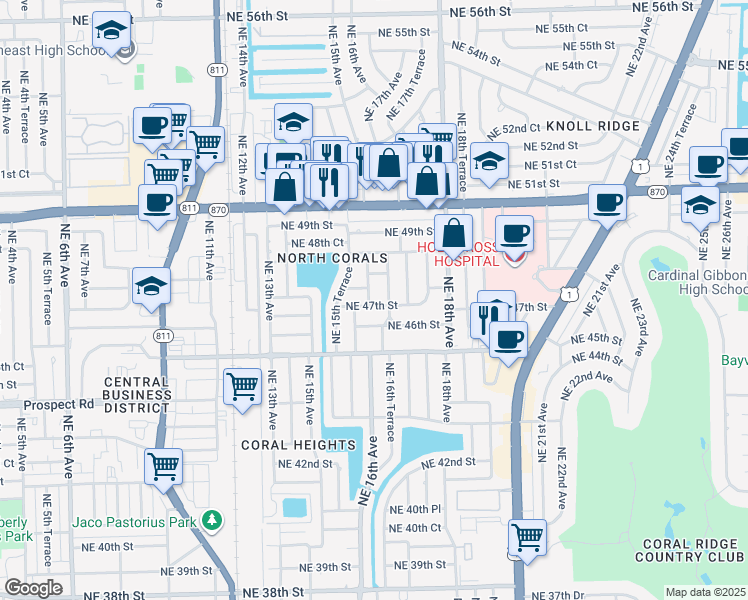 map of restaurants, bars, coffee shops, grocery stores, and more near 4734 Northeast 15th Way in Oakland Park