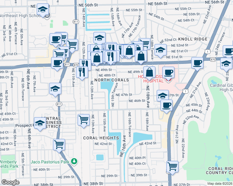 map of restaurants, bars, coffee shops, grocery stores, and more near 4750 Northeast 15th Terrace in Oakland Park