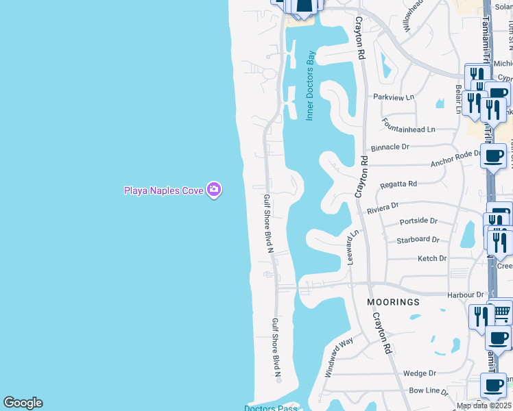 map of restaurants, bars, coffee shops, grocery stores, and more near 3377 Gulf Shore Boulevard North in Naples