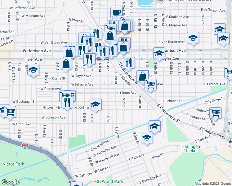 map of restaurants, bars, coffee shops, grocery stores, and more near Pierce Avenue in Harlingen