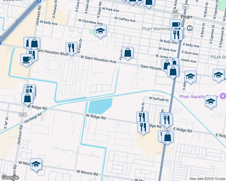 map of restaurants, bars, coffee shops, grocery stores, and more near 1108 South Flag Street in Pharr