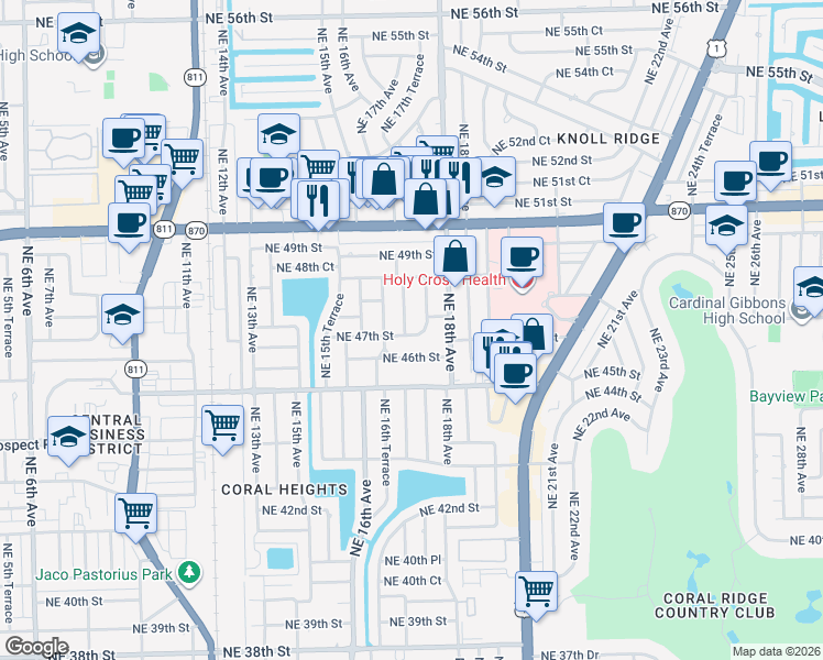 map of restaurants, bars, coffee shops, grocery stores, and more near 4704 Northeast 17th Avenue in Oakland Park