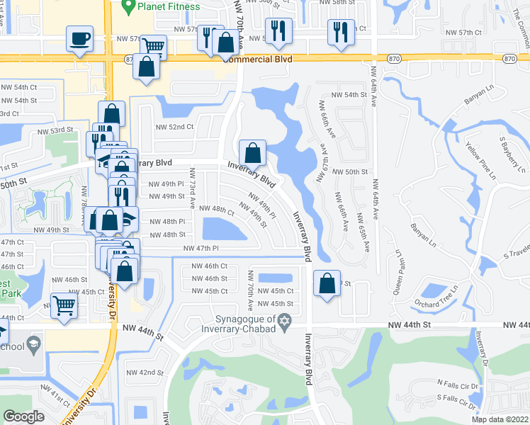 map of restaurants, bars, coffee shops, grocery stores, and more near 7090 Northwest 49th Place in Lauderhill