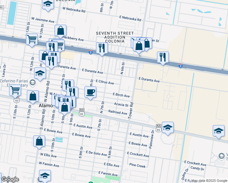 map of restaurants, bars, coffee shops, grocery stores, and more near 614 East Birch Avenue in Alamo