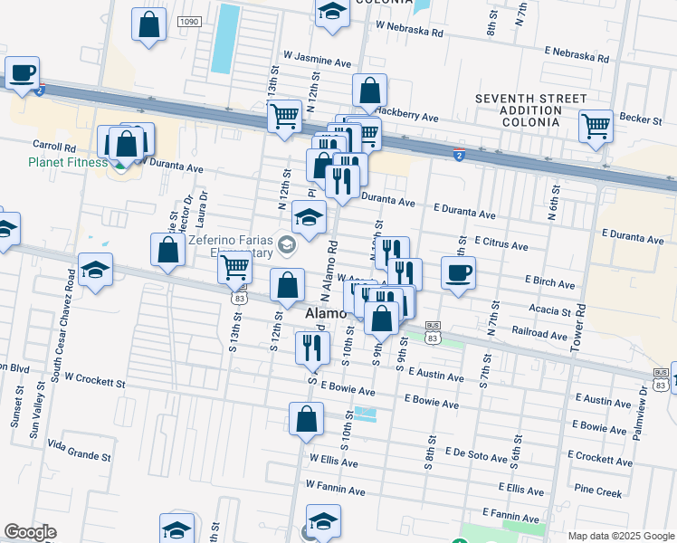 map of restaurants, bars, coffee shops, grocery stores, and more near 1036 East Acacia Avenue in Alamo