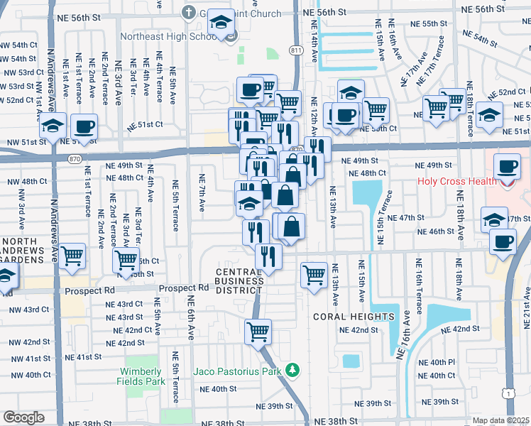 map of restaurants, bars, coffee shops, grocery stores, and more near 4700 North Dixie Highway in Oakland Park