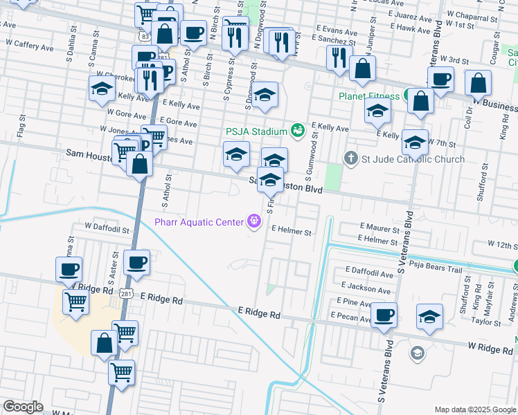 map of restaurants, bars, coffee shops, grocery stores, and more near 806 Tarrant Circle Drive in Pharr