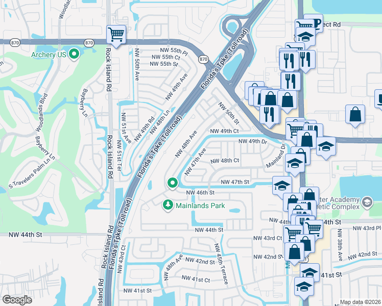 map of restaurants, bars, coffee shops, grocery stores, and more near 4901 Northwest 47th Avenue in Tamarac