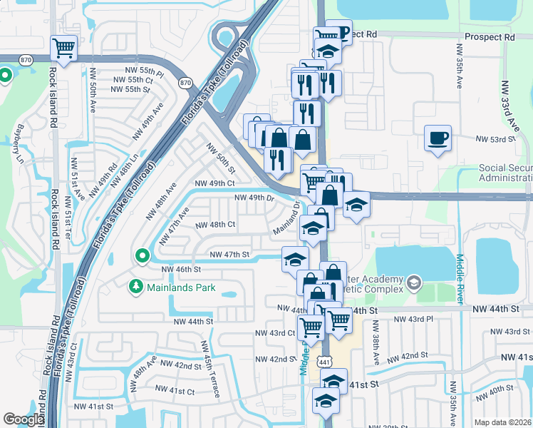 map of restaurants, bars, coffee shops, grocery stores, and more near 4807 Northwest 42nd Avenue in Tamarac