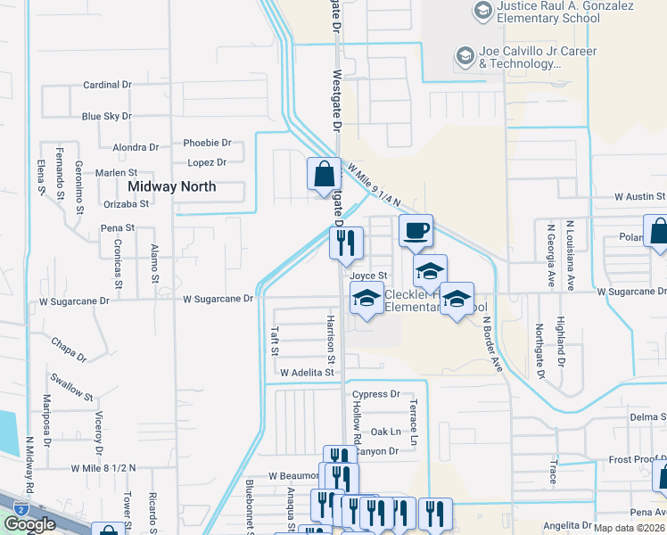 map of restaurants, bars, coffee shops, grocery stores, and more near 2610 Westgate Drive in Weslaco