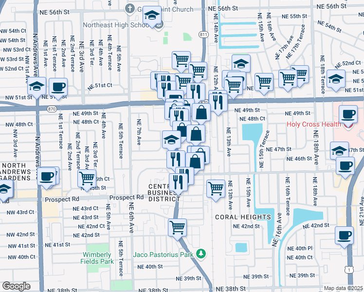 map of restaurants, bars, coffee shops, grocery stores, and more near 4700 North Dixie Highway in Oakland Park