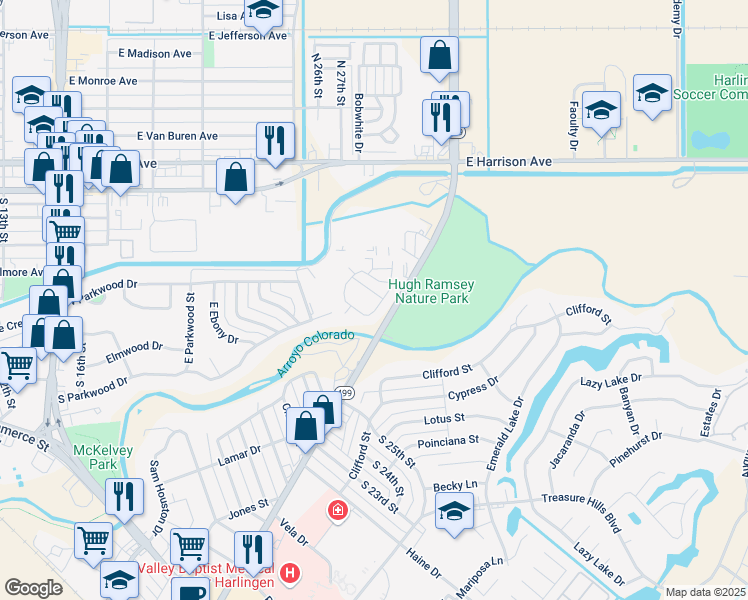 map of restaurants, bars, coffee shops, grocery stores, and more near 204 Parkview Cir in Harlingen