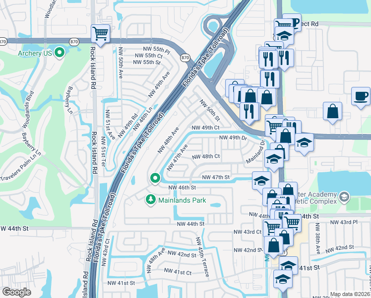 map of restaurants, bars, coffee shops, grocery stores, and more near 4901 Northwest 47th Avenue in Tamarac