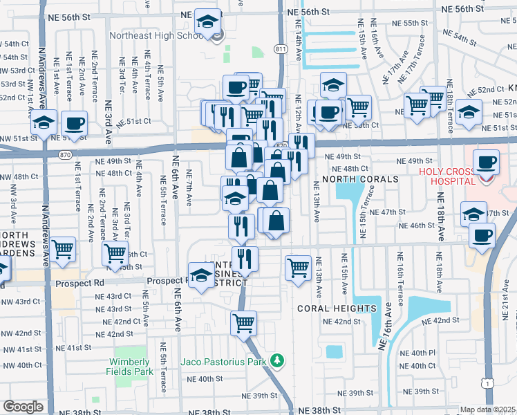 map of restaurants, bars, coffee shops, grocery stores, and more near 4700 North Dixie Highway in Oakland Park