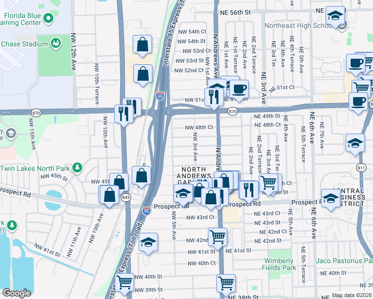 map of restaurants, bars, coffee shops, grocery stores, and more near 348 Northwest 47th Court in Fort Lauderdale