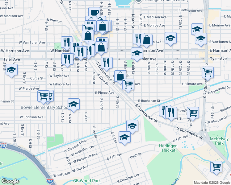 map of restaurants, bars, coffee shops, grocery stores, and more near 370 East Pierce Avenue in Harlingen