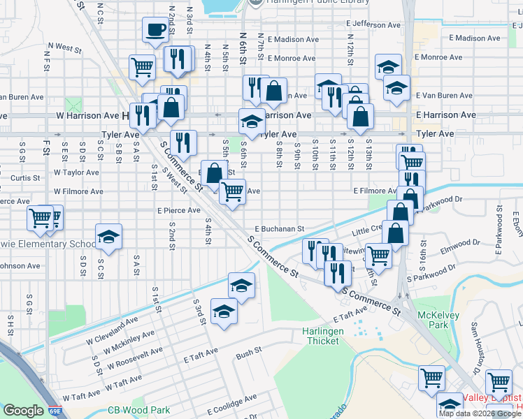 map of restaurants, bars, coffee shops, grocery stores, and more near 798 South 7th Street in Harlingen