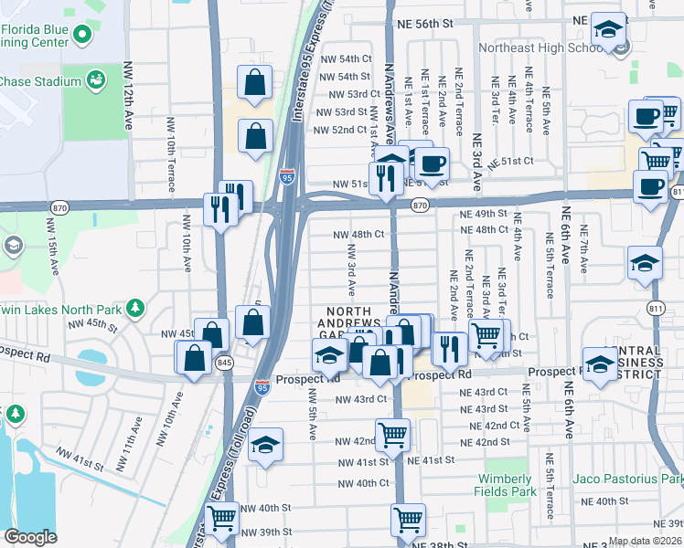 map of restaurants, bars, coffee shops, grocery stores, and more near 348 Northwest 47th Court in Fort Lauderdale