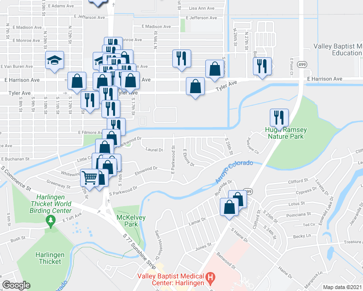 map of restaurants, bars, coffee shops, grocery stores, and more near 814 East Ebony Drive in Harlingen