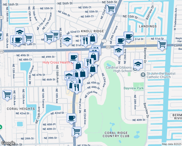map of restaurants, bars, coffee shops, grocery stores, and more near 4525 Northeast 21st Avenue in Fort Lauderdale
