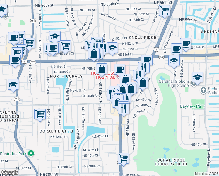 map of restaurants, bars, coffee shops, grocery stores, and more near 4705 Northeast 19th Avenue in Fort Lauderdale