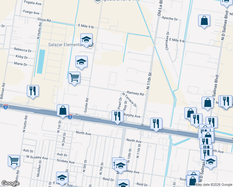 map of restaurants, bars, coffee shops, grocery stores, and more near 506 East Expressway 83 in Donna