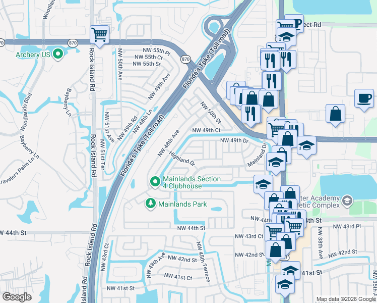map of restaurants, bars, coffee shops, grocery stores, and more near 4511 Northwest 49th Street in Tamarac
