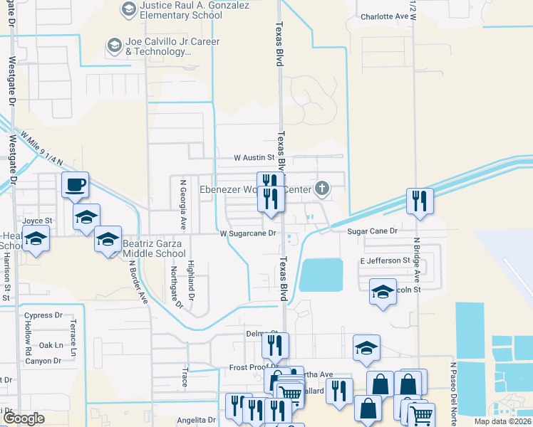 map of restaurants, bars, coffee shops, grocery stores, and more near 2604 North Missouri Avenue in Weslaco