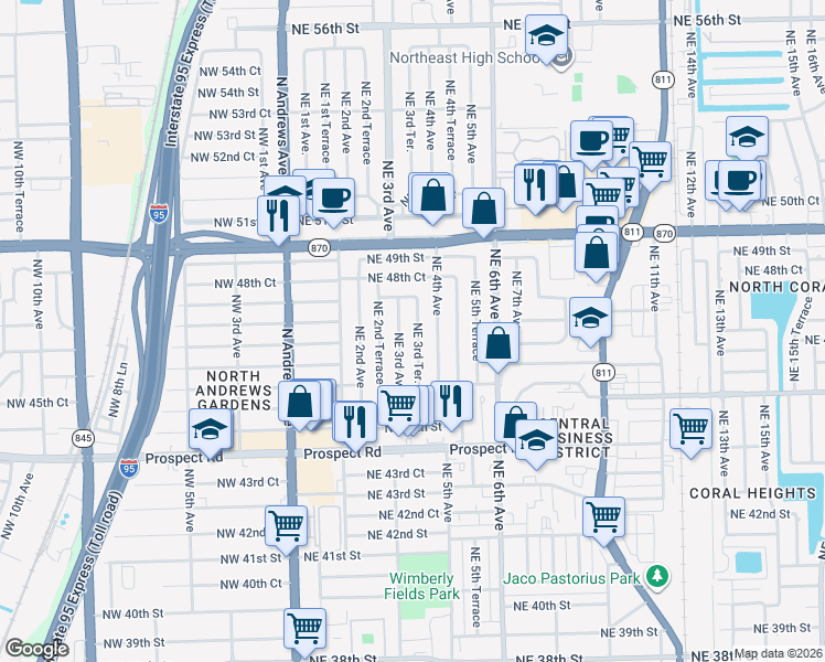 map of restaurants, bars, coffee shops, grocery stores, and more near 4721 Northeast 3rd Terrace in Fort Lauderdale