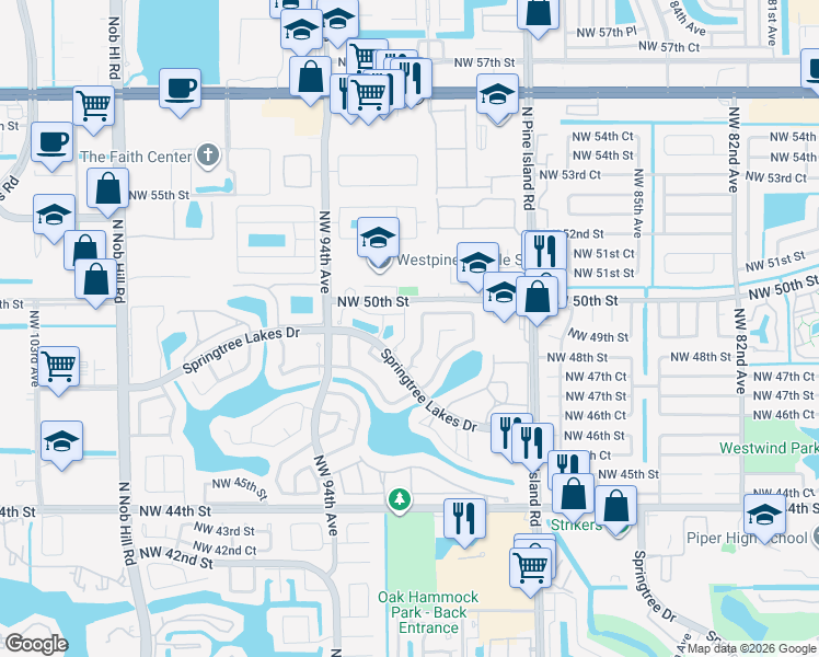 map of restaurants, bars, coffee shops, grocery stores, and more near 4933 Northwest 92nd Avenue in Sunrise