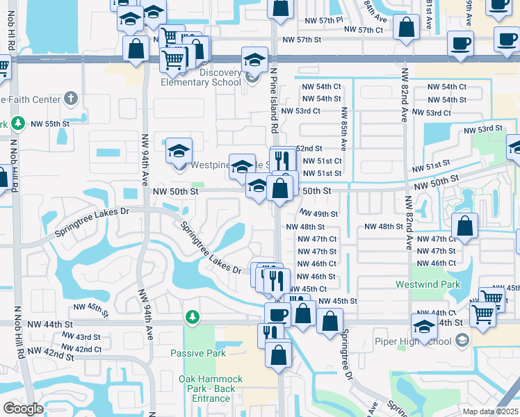 map of restaurants, bars, coffee shops, grocery stores, and more near 8800 Northwest 50th Street in Sunrise